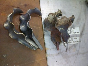 Pier prototype Water leaves in Mild Steel, there are 72 No. to make and fit. These are developed from a 270 x 80mm pattern 3mm thick. Originals on right.